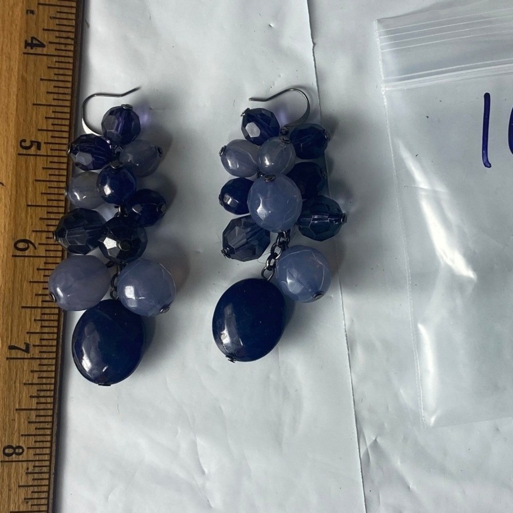 Dark Blue Beaded Drop Earrings Cluster Dangle Boho Chic Women